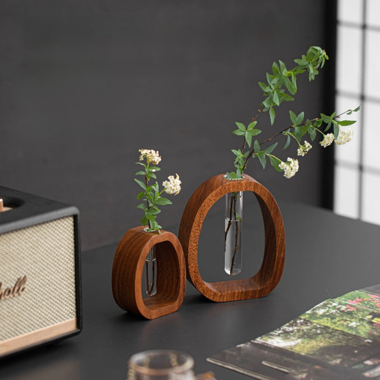 Handcrafted Solid Wood Base & Glass Hydroponic Vase